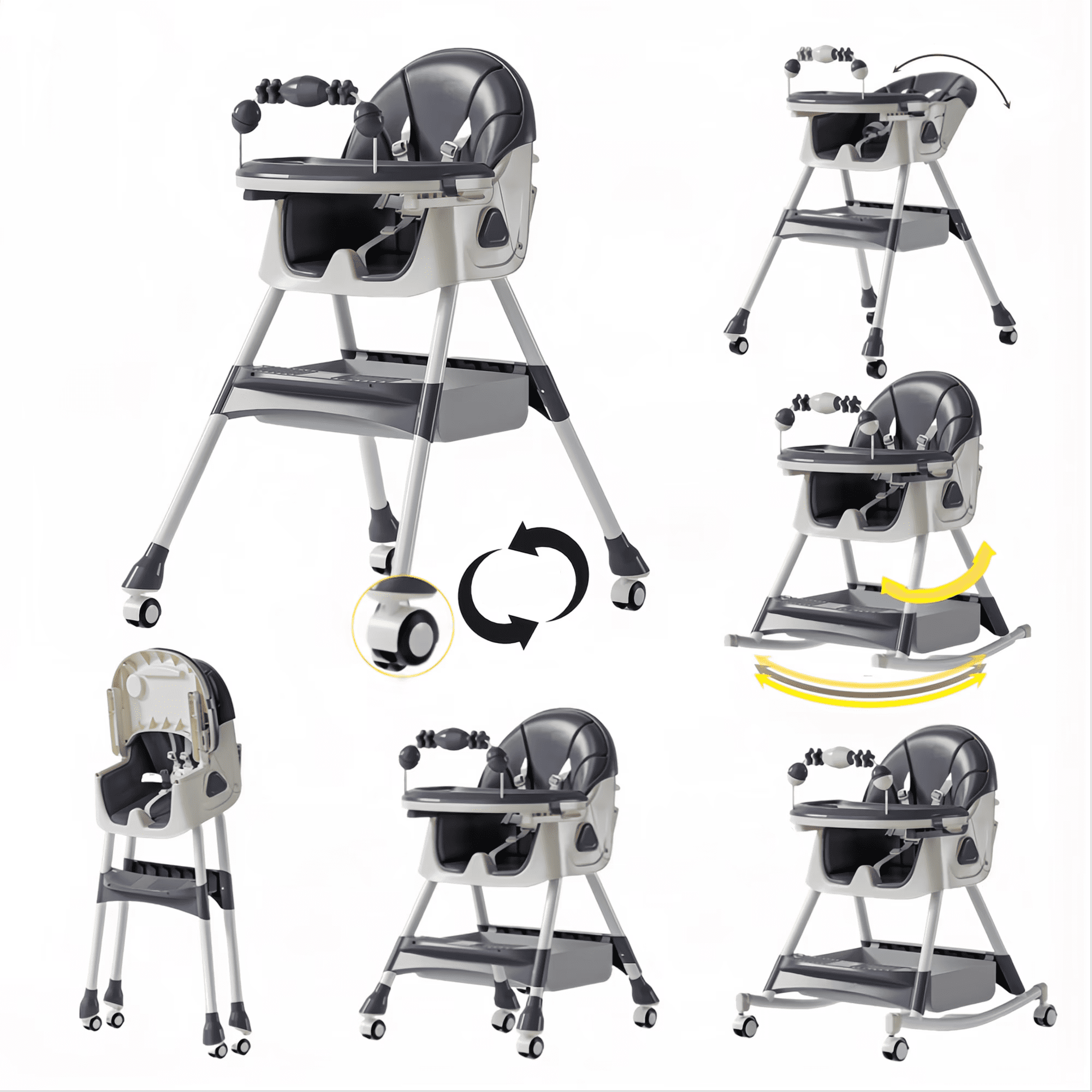 5-in-1 Baby High Chair & Rocking Chair & Baby scooter & Feeding Chair  with Toy Rack for for 0 Months to 3 Years,Convertible,Grey