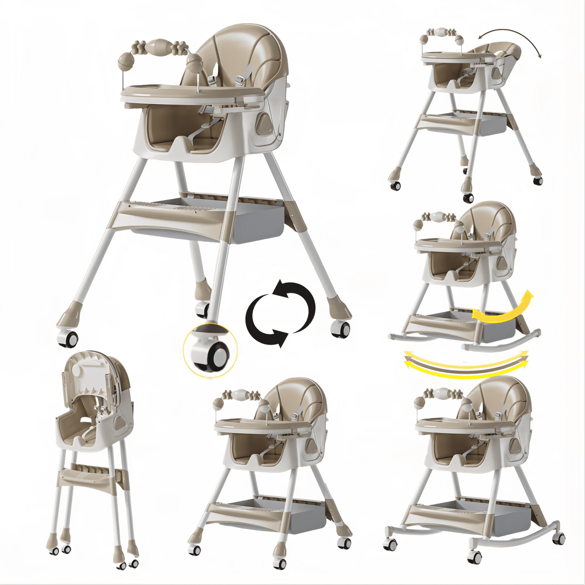 5-in-1 Baby High Chair & Rocking Chair & Baby scooter & Feeding Chair  with Toy Rack for for 0 Months to 3 Years,Convertible,Khaki