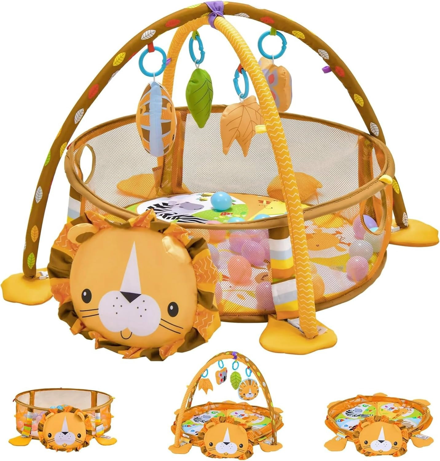 4-in-1 Baby Play Gym Mat - Infant Activity Center with Ball Pit, Tummy Time Play Mat & Safe Mesh for Ages 0-3 | Includes 4 Hanging Toys & 30 Balls | Soft, Washable, & Easy to Store