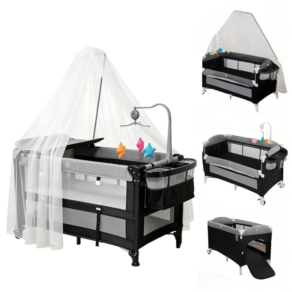 5-in-1 Baby Playard, Newborn Beside Bassinet, Multi-Function Baby Crib, Diaper Changer & Mosquito Net for Newborn & Toddler, Unisex,Gray
