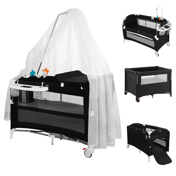 5-in-1 Baby Playard, Newborn Beside Bassinet, Multi-Function Baby Crib, Diaper Changer & Music Toy Arch for Newborn & Toddler, Unisex,BLACK