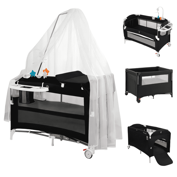 5-in-1 Baby Playard, Newborn Beside Bassinet, Multi-Function Baby Crib, Diaper Changer & Music Toy Arch for Newborn & Toddler, Unisex,BLACK