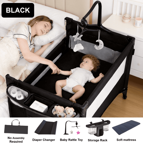 5-in-1 Baby Playard with Bassinet, Bedside Sleeper with Diaper Changer, Portable Foldable Play Yard with Storage for Newborn and Infant,Unisex,Black