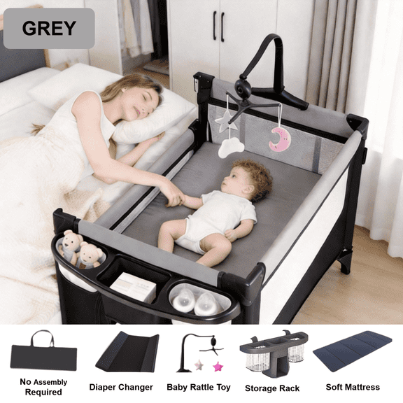 5-in-1 Baby Playard with Bassinet, Bedside Sleeper with Diaper Changer, Portable Foldable Play Yard with Storage for Newborn and Infant,Unisex,Grey