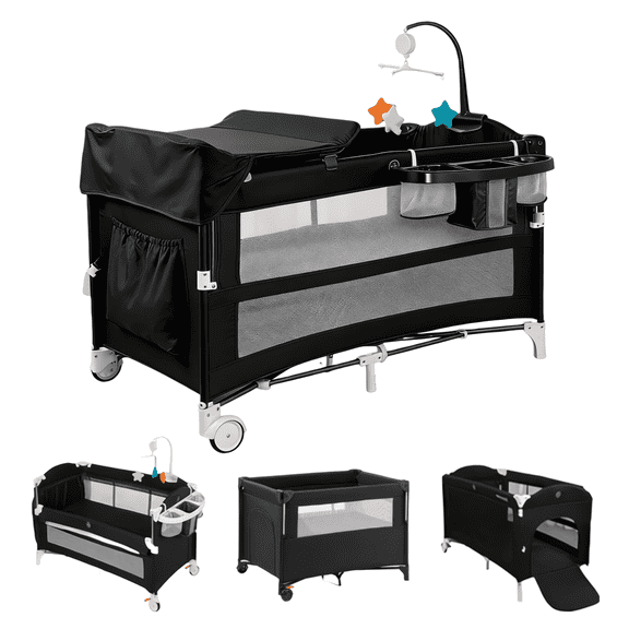 5-in-1 Baby Playard with Bassinet, Diaper Changer & Bedside Sleeper, Portable Foldable Play Yard for Newborn, Unisex,BLACK
