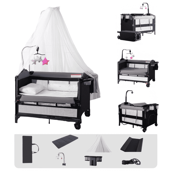 5 in 1 Baby Playards Bedside Crib,Easy Folding Portable Playards with Luxury Mosquito Net for 0-36 Months, Reversible and Music Mobile