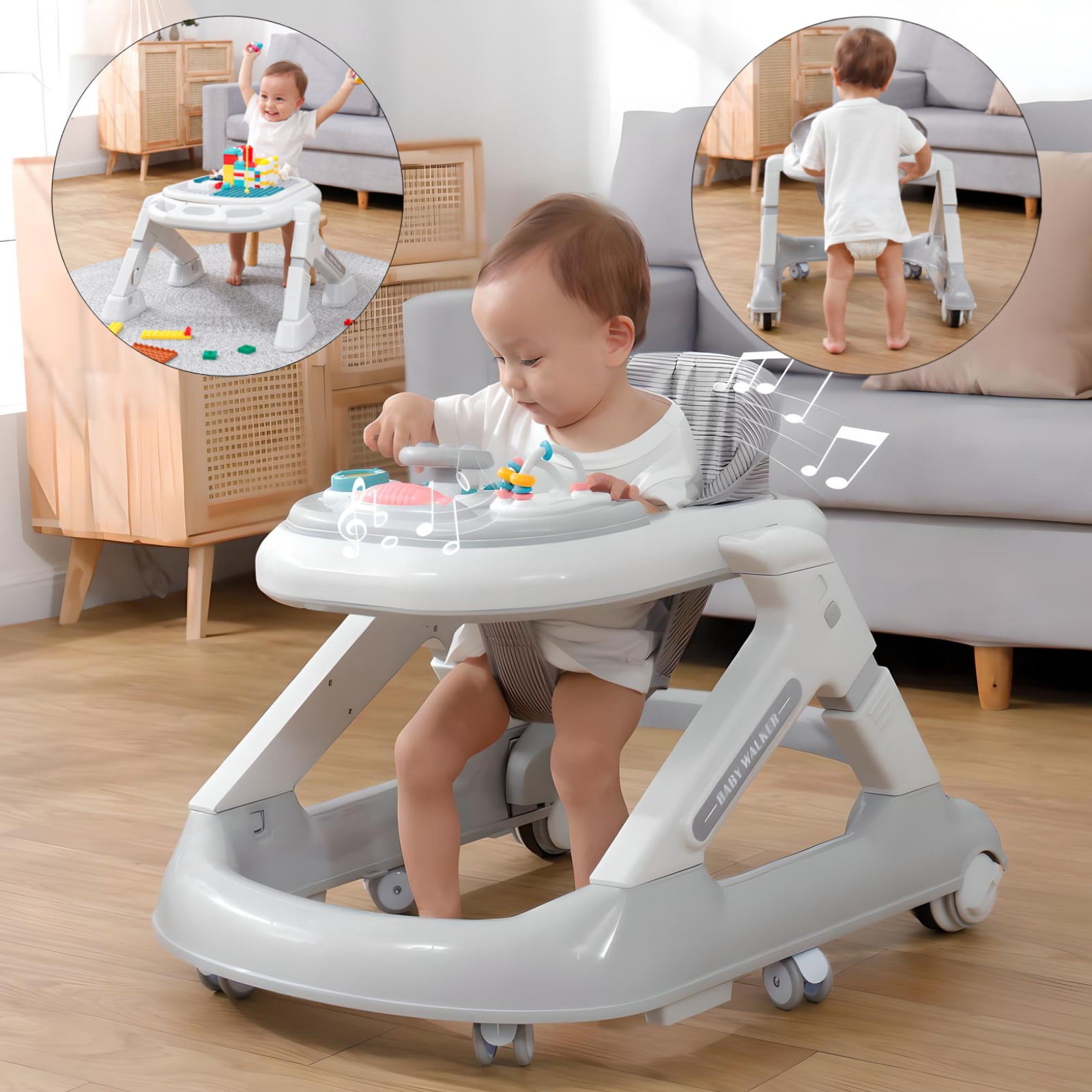 5in1 Baby Walker, Hurber Multifunctional Toddler Push Walkers with Music Tray, Kids Playing