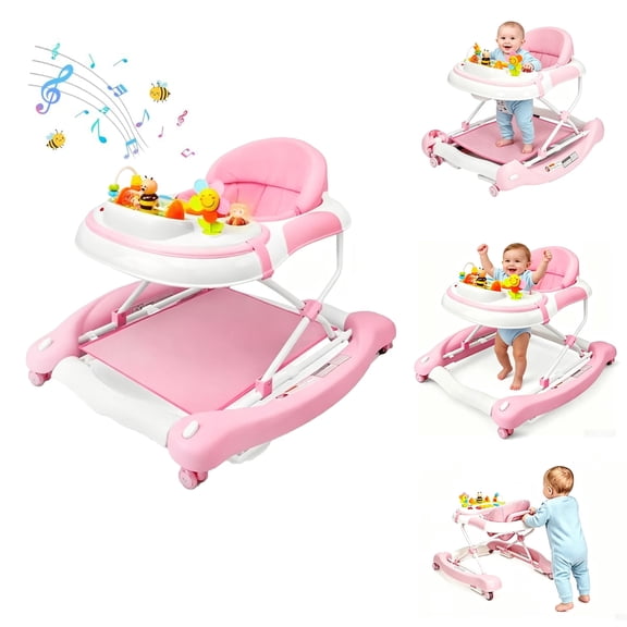 5 in 1 Baby Walker with Music and Lights for Boys Girls 6-18 Months,Wheels,Bouncer,Combo Portable & Adjustable Height for Toddler Infant,Pink