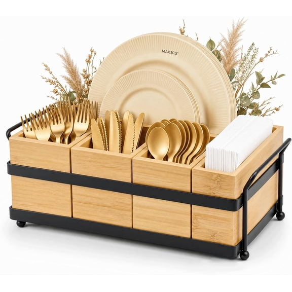 5-in-1 Bamboo Utensil Caddy and Paper Plate Organizer - Wooden Silverware Caddy with Napkin Holder and Portable Handle - Flatware Organizer for Kitchen Countertop, Camper RV, Buffet Party