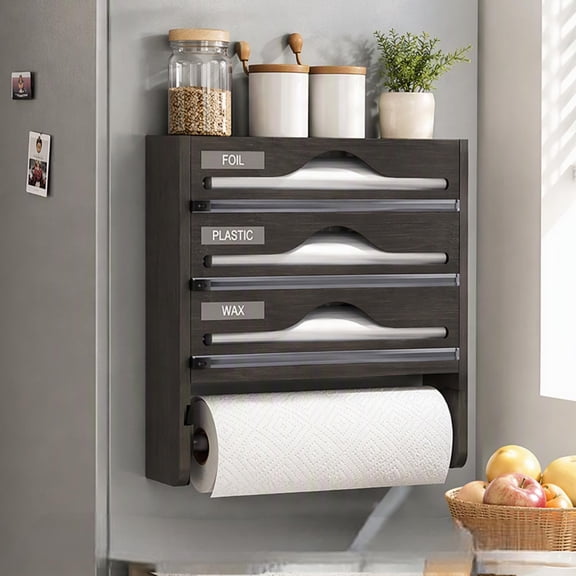5‑in‑1 Bamboo Wrap Dispenser with Cutter, Aluminum foil Organizer, Multi‑Function Kitchen Storage Holder with Paper Towel Rack, for Countertop & Wall Kitchen Organization