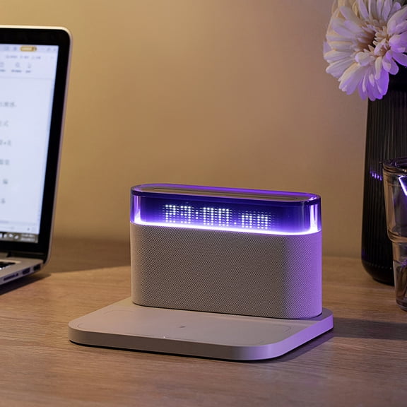 5-in-1 Bluetooth Speaker with Stereo Sound, 15W Wireless Charger, Digital Clock, Alarm & Dimmable Bedside Night Light, Multifunctional Ambient Lamp for Home Bedroom Office