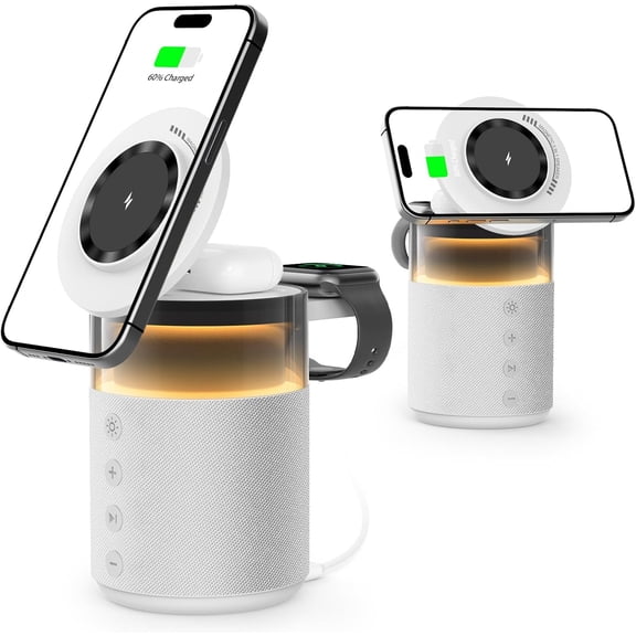 5-in-1 Bluetooth Speaker with Wireless Charging Station,Magnetic Charger with Night Light,Charger Stand with 33W Adapter Compatible with iWatch iPhone 17 16 15 14 13 12 Pro Max Wireless Earbuds