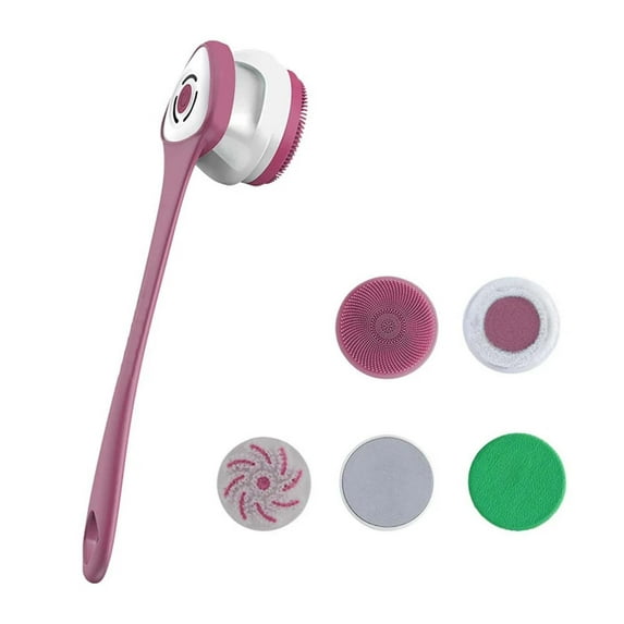 5-in-1 Body Cleaning Brush, Long Handle Shower Brush, Exfoliating & Massage, Rechargeable, IPX7, for Back & Face, 3-Speed Settings