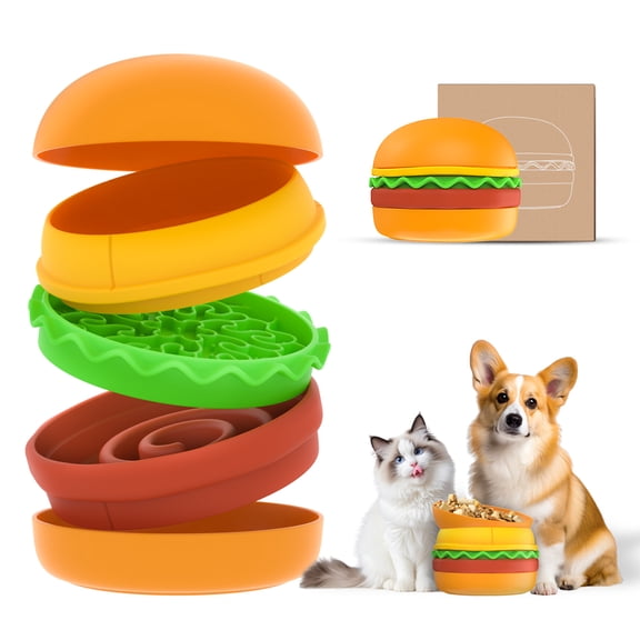 Hamburger Style Pet Bowl - 5-in-1 Multi-Layer Cat Dog Food Water Feeder, Fun Design, Durable Plastic