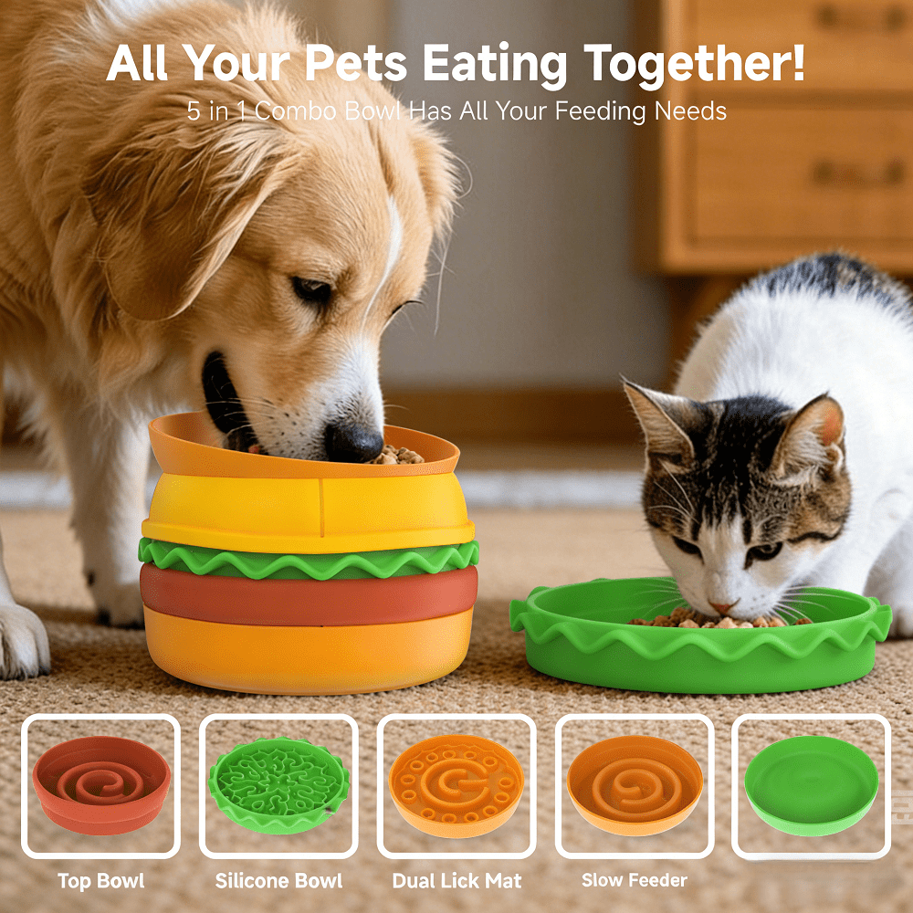 5-in-1 Burger Pet Bowls Set Tilted Elevated Slow Feeder Lick Mat Non-Slip Dog Cat Bowls Set for Small to Medium Pets Dishwasher Safe Adjustable Tilted Design for Pet Feeding and Drinking