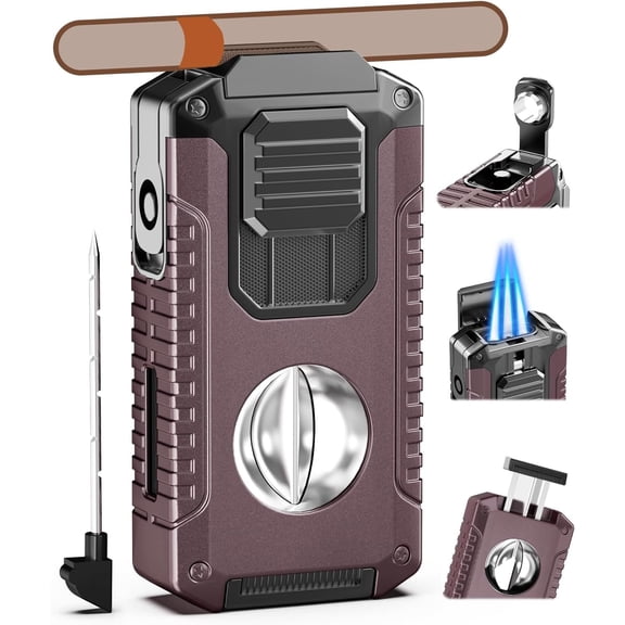 5-in-1 Butane Torch Lighter with Triple Jet Flame, Built-in Cutter, Holder, Punch, Draw Enhancer, Cool Refillable Butane Lighter, Adjustable & Windproof Lighters, Gifts for Men, Candle, Travel