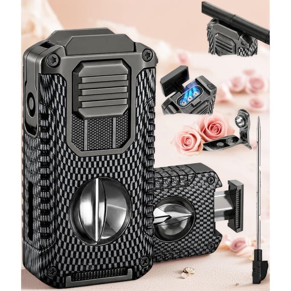 5‑in‑1 Butane Torch Lighter, Windproof Triple Jet Flame with Cigar Punch V‑Cutter Draw Enhancer Holder, Refillable Visible Fuel Window Pocket Lighter, Outdoor Travel Men Gift Black