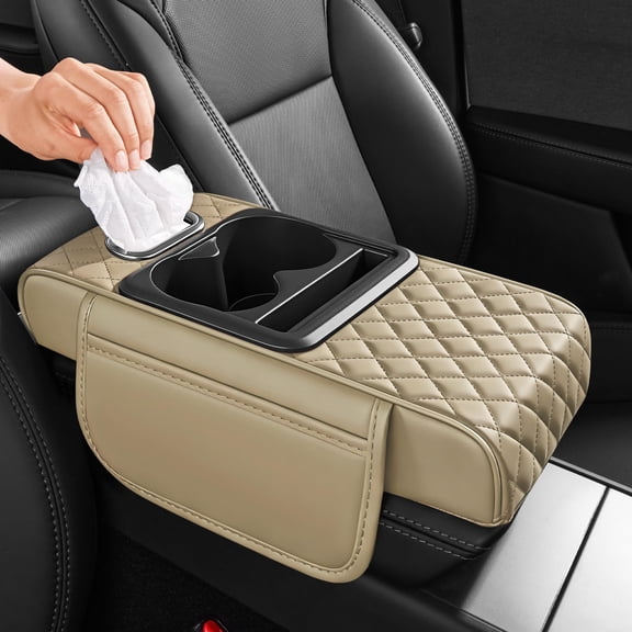5 in 1 Car Center Console Cover, Armrest Pad with 2 Storage Pockets, Cup Holder, Tissue Box Slot, Phone Holder, Universal Car Interior Organizer