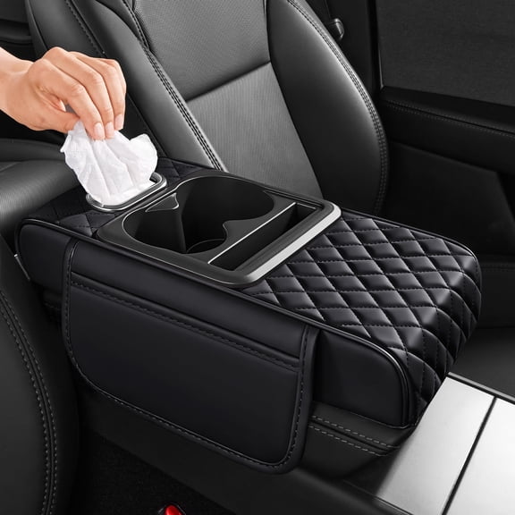 5 in 1 Car Center Console Cover, Armrest Pad with 2 Storage Pockets, Cup Holder, Tissue Box Slot, Phone Holder, Universal Car Interior Organizer