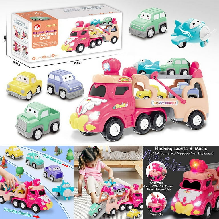 TEMI Toddler Truck Toys for 3 4 5 6 Year Old Girls - 5-in-1 Friction Power  Vehicle Car Toy for Toddlers 1-3, Carrier Truck Toys for Kids 3-5