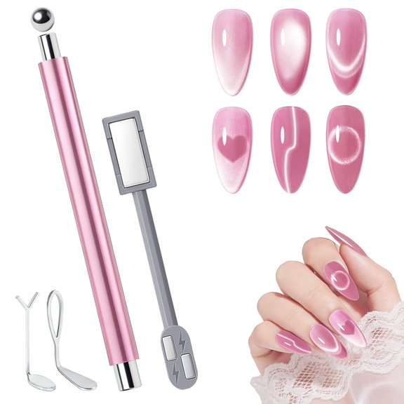 5-in-1 Cat Eye Nail Magnet Stick with Heart Shaped Tool & Ball Magnet, Multifunctional Magnetic Nail Pen for Gel Polish 3D Cat Eye Effects for DIY Nail Art, Manicure, Salon Use (Pink)