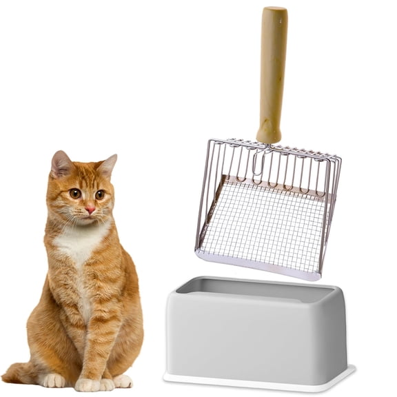 5-in-1 Cat Litter Scooper with Holder, Metal Kitty Poop Scoop Shovel for Litter Box, Fast Sifting Scooper Caddy Stand, Durable Design, Ergonomic Handle, Space Saving Storage Solution, Gray
