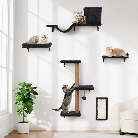5-in-1 Cat Wall Shelves, Multi-Level Cat Climbing Furniture, Perch & Lounge for Indoor Cats, Space-Saving Wall Mounted Cat Shelves for Play & Rest (Natural Wood) - Gray