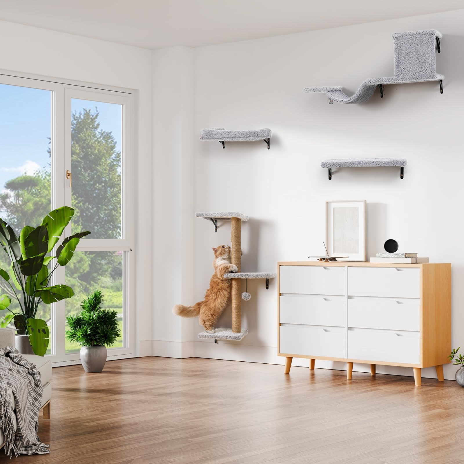5-in-1 Cat Wall Shelves  Multi-level Climbing Furniture Perch & Lounge For Indoor Cats Space-saving Mounted Play Rest (natural Wood) - Light Gray