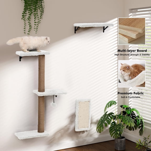 5-in-1 Cat Wall Shelves Multi-level Climbing Furniture Perch & Lounge For Indoor Cats Space-saving Mounted Play Rest (natural Wood) - White