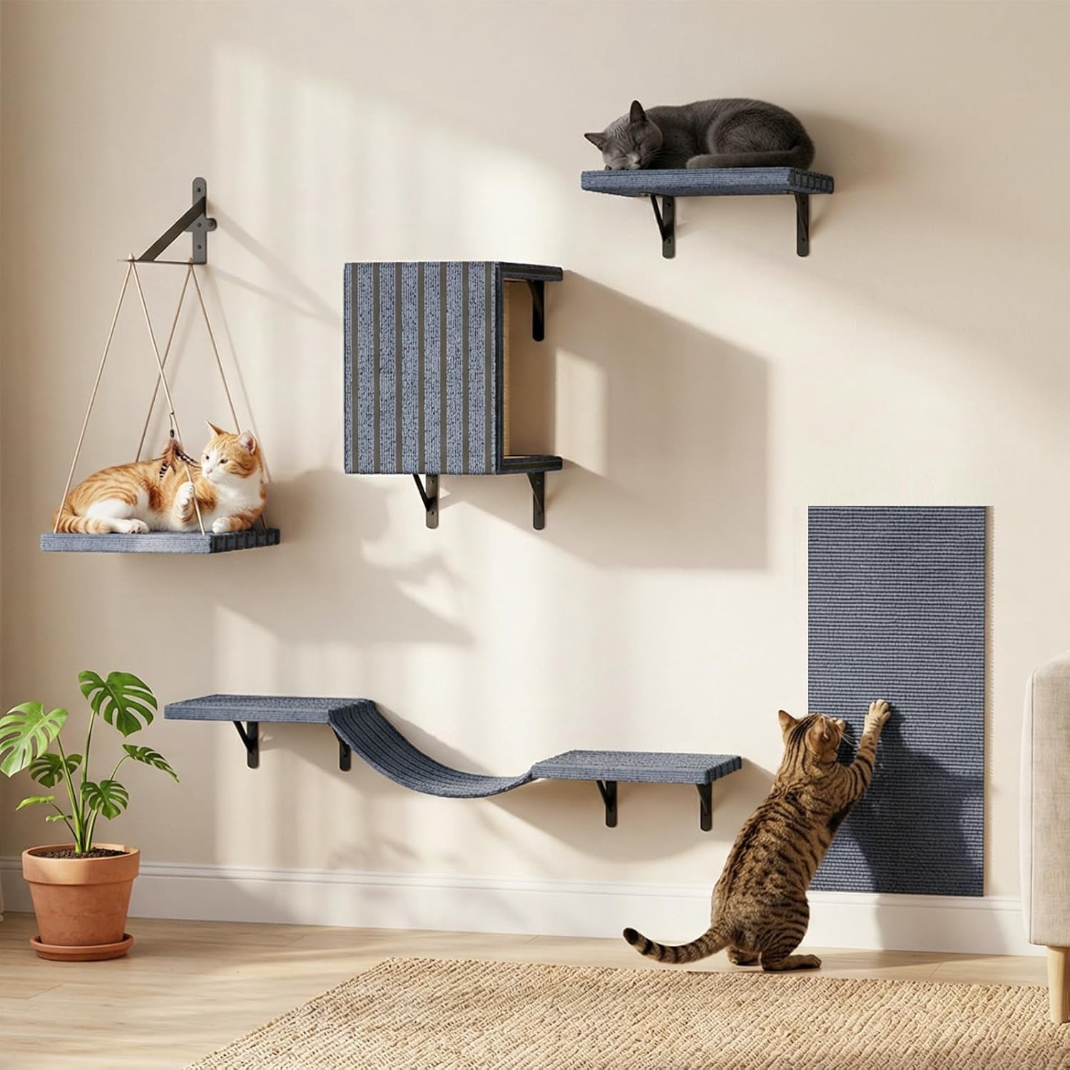 5-in-1 Cat Wall Shelves Set, Premium Solid Wood for Stable & Safe, Space Saving Wall Mounted Cat Perch & Steps for Indoor Cats, Modern Wood Cat Walkway, with Interactive Cat Swing