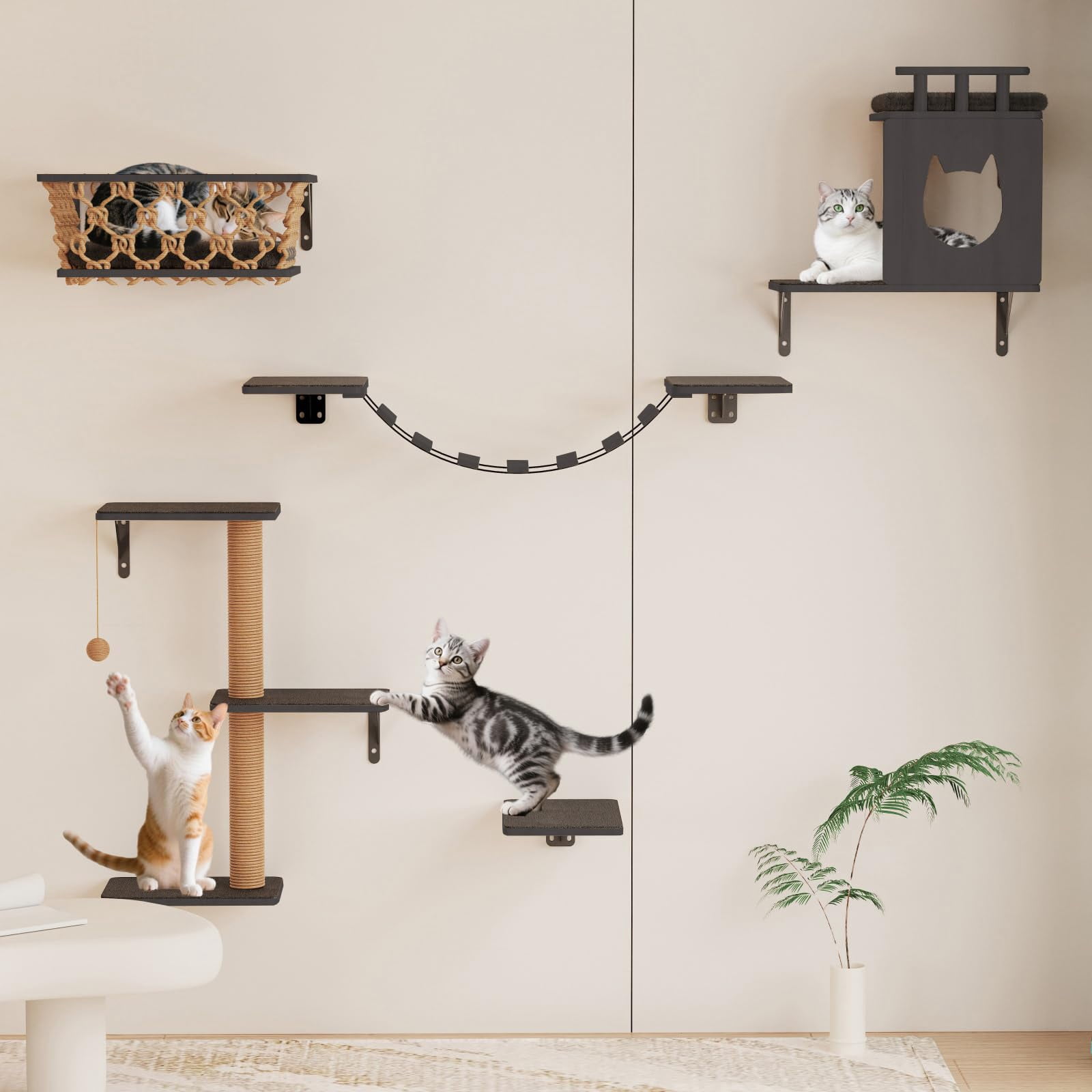 5-in-1 Cat Wall Shelves Set With Hammock  Wall-mounted Furniture Includes Condo Bridge Ladder & Steps For Indoor Cats Safe Stable (dark Gray)