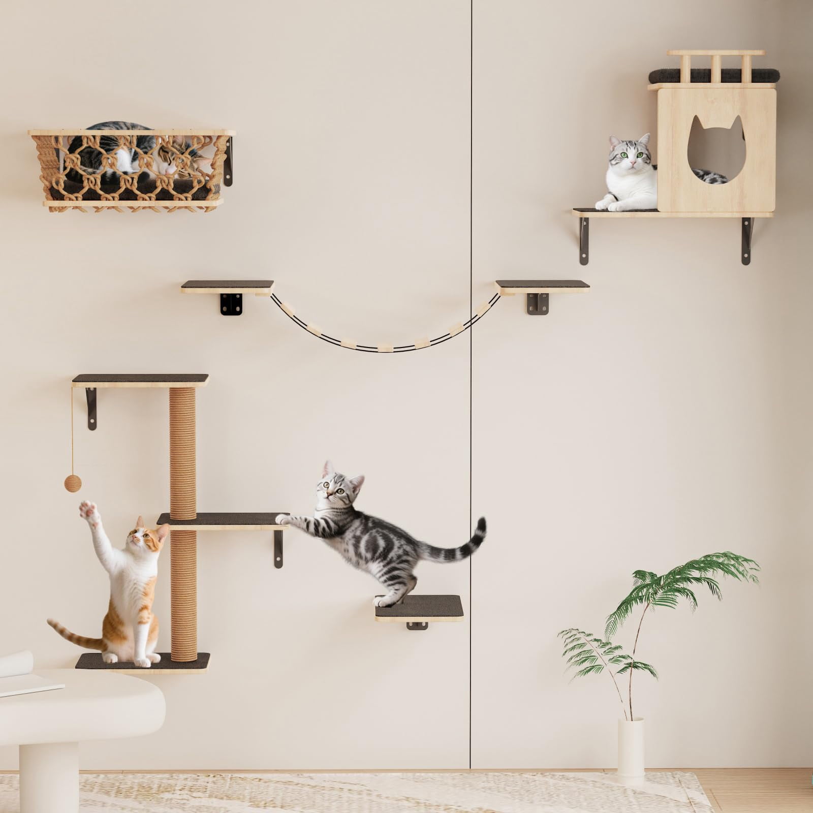 5-in-1 Cat Wall Shelves Set With Hammock  Wall-mounted Furniture Includes Condo Bridge Ladder & Steps For Indoor Cats Safe Stable (gray)