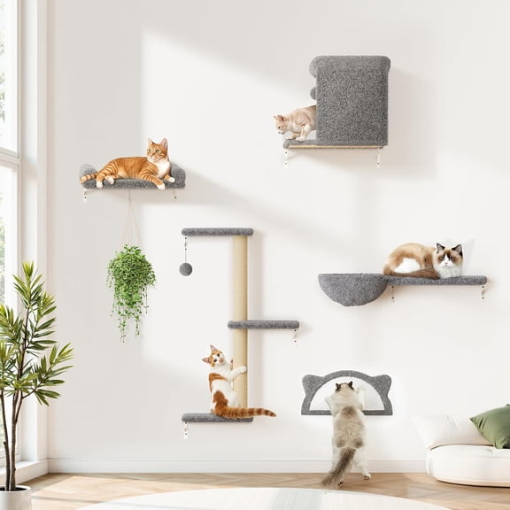 5-in-1 Cat Wall Shelves, Solid Wood & Velvet & Sisal Scratcher, 44lbs Max Load, Wall Mounted Cat Furniture for Climbers, Cat Climbing Wall System, Fits Drywall & Solid Walls - Dark Gray