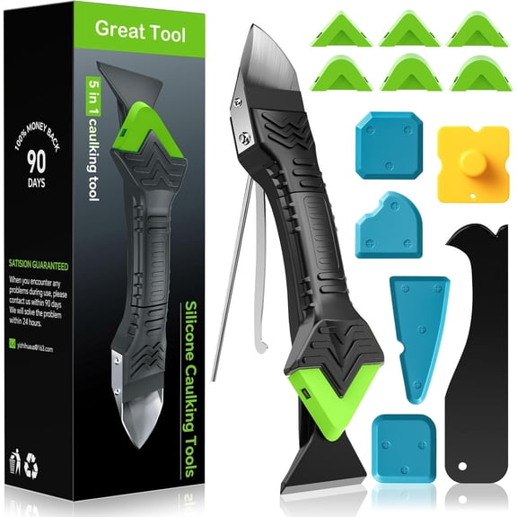 5-in-1 Caulking Tool with 6 Silicone Pads & Stainless Steel Head, Sealant Finishing Grout Removal Kit for Kitchen Bathroom