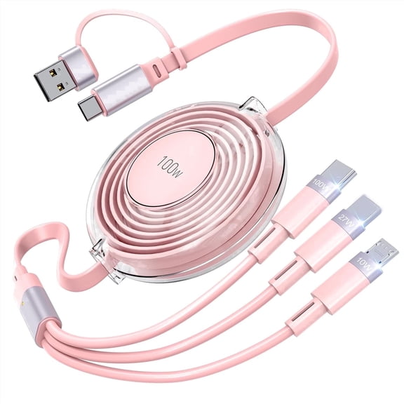 Bravoul 100W Multi Charging Cable 5 in 1 Retractable Fast Charging Cable with Type C/Lightning/Micro USB Ports for Multiple Devices (Pink)