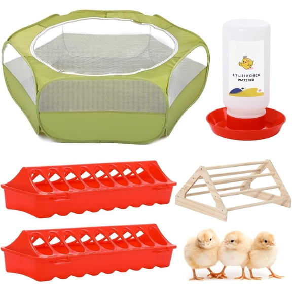 5-in-1 Chicken Brooder Box for Chick Starter Kit, Includes Pet Cage Tent, Chicks Perch, Chick Feeder, 1.1L Chicks Waterer, Chicken Supplies (Brooder Set), + Red + Color