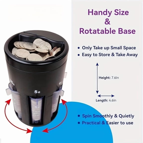 5-in-1 Coin Counter & Sorter with Rotating Base, Change Organizer for Coin Storage & Counting