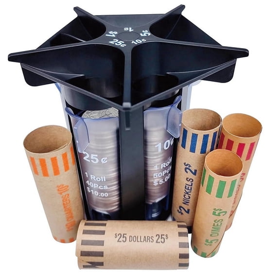 5-in-1 Coin Sorter Tube Counter with Wrappers, Portable Change Organizer Holder for Pennies, Nickels, Dimes, Quarters