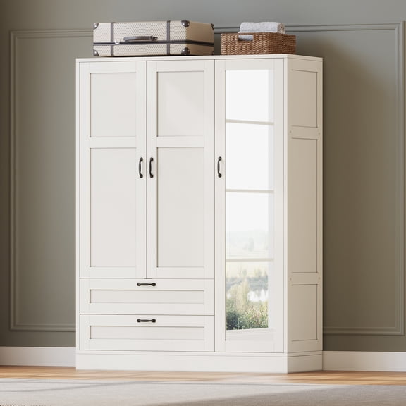 5-in-1 Combo Wardrobe Closet with Full-Length Acrylic Mirror and 2 Drawers, Tall Narrow Storage Cabinet with Adjustable Shelves, Freestanding Organizer for Small Spaces, White