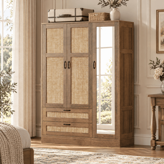 5-in-1 Combo Wardrobe Closet with Full-Length Acrylic Mirror and 2 Drawers, Tall Narrow Storage Cabinet with Adjustable Shelves, Freestanding Organizer for Small Spaces,Brown
