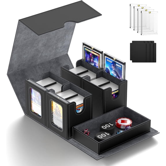 5-in-1 Commander Deck Box for MTG,400+ Card Storage With Commander Display Window,Magic Removable Cover,Dice Tray,Trading Card Case for TCG PTCG YugiOh Sports Cards,(Black, Grey)