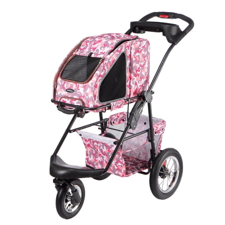 5-in-1 Complete Travel System with PET CARRIER and PET STROLLER, Stainless Steel Shock Absorption Bike Tires, Sturdy, Lightweight, Large Storage Basket, Supports pets up to 25LBS- Pink Camo