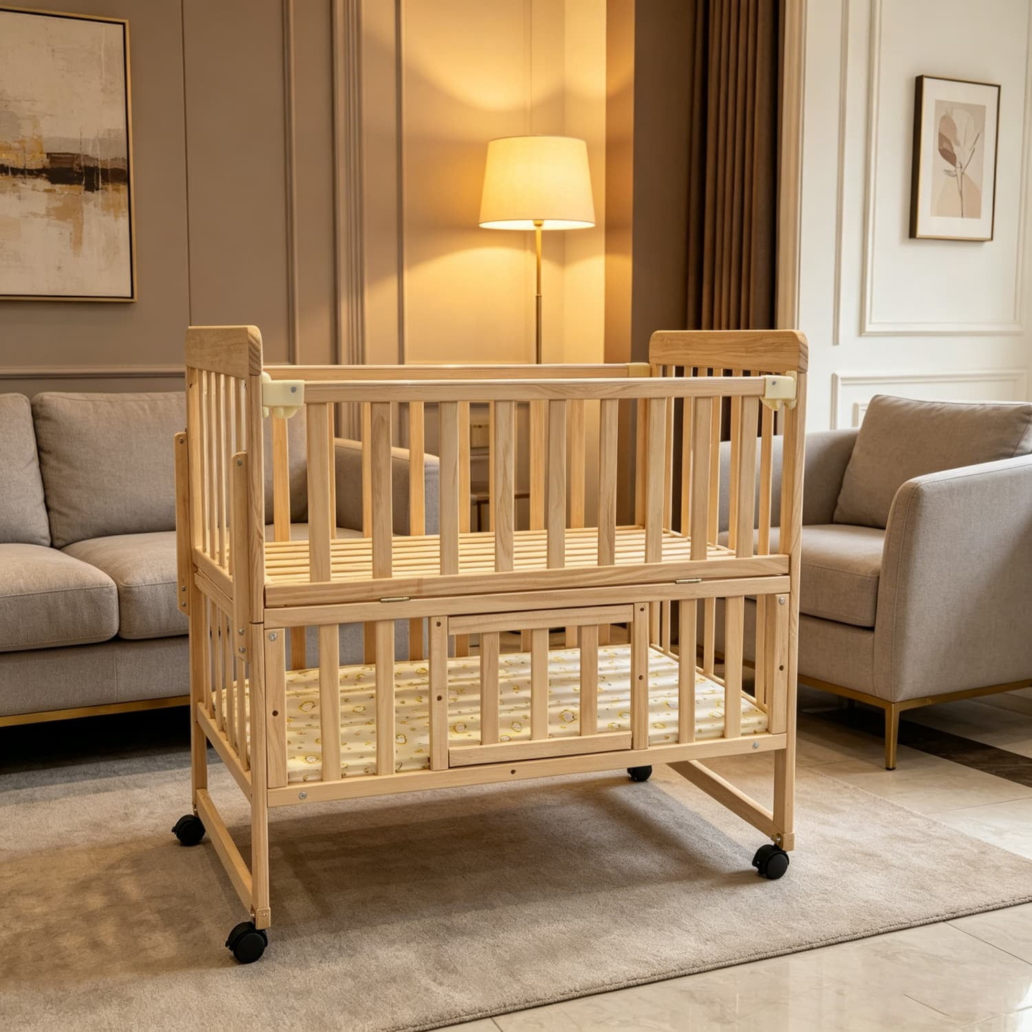 5-in-1 Convertible Baby Crib, Solid New Zealand Pine Wood, 2-Position Adjustable Mattress Base, Under-Crib Storage, Anti-Chew Guard Strips for Nursery