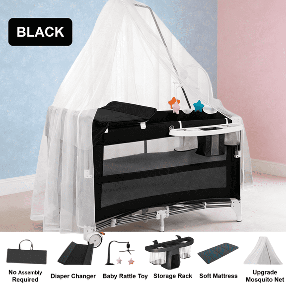 5-in-1 Convertible Baby Play Yard,Bedside Sleeper,Baby Bassinet with Diaper Changer &Mosquito Net for Newborn and Infant,Unisex,Black