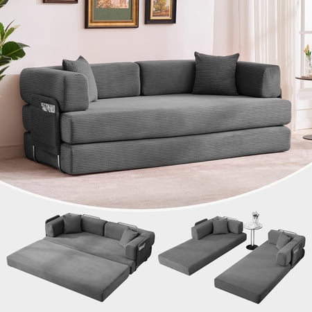 5-in-1 Convertible Corduroy Sleeper Sofa Bed – 78.8" Modular Folding Couch with Armrest, Backrest & Pillows, Fixed Frame – No Assembly, Space-Saving Guest Bed for Living Room, Bedroom-gray