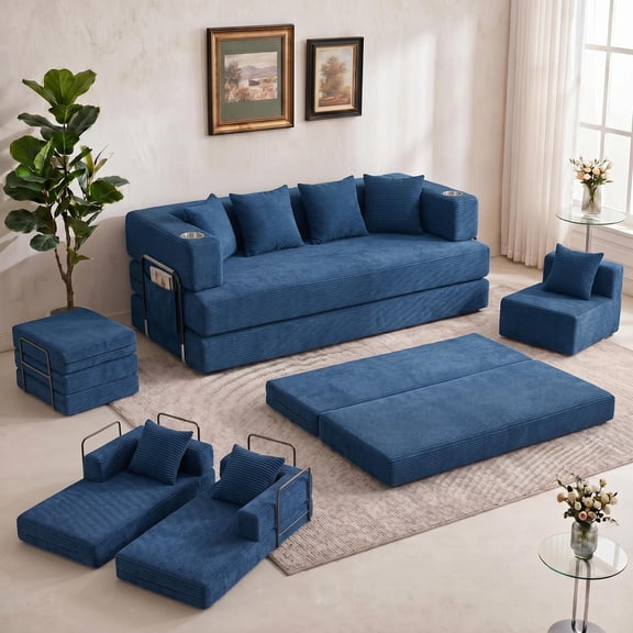 5-in-1 Convertible Corduroy Sofa Bed for Small Spaces – 79" Floor Futon with 4 Pillows, No Assembly Needed, Modern Lounge Couch for Living Room & Apartment