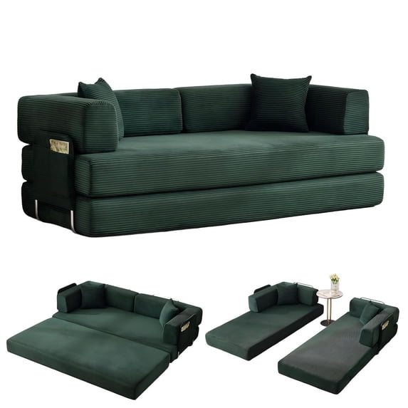 5-in-1 Convertible Floor Sofa to Sleeper Couch - Corduroy Fabric with Fixed Frame and Pillow, Dark Green