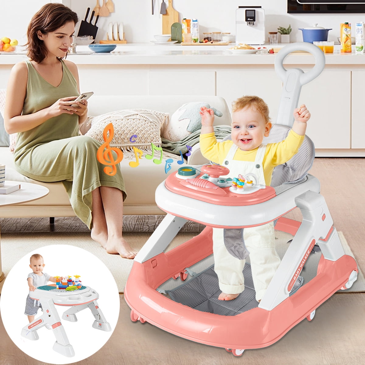 5in1 Convertible Folding Baby Walker, Adjustable Baby Walker for Infant with Music, Building