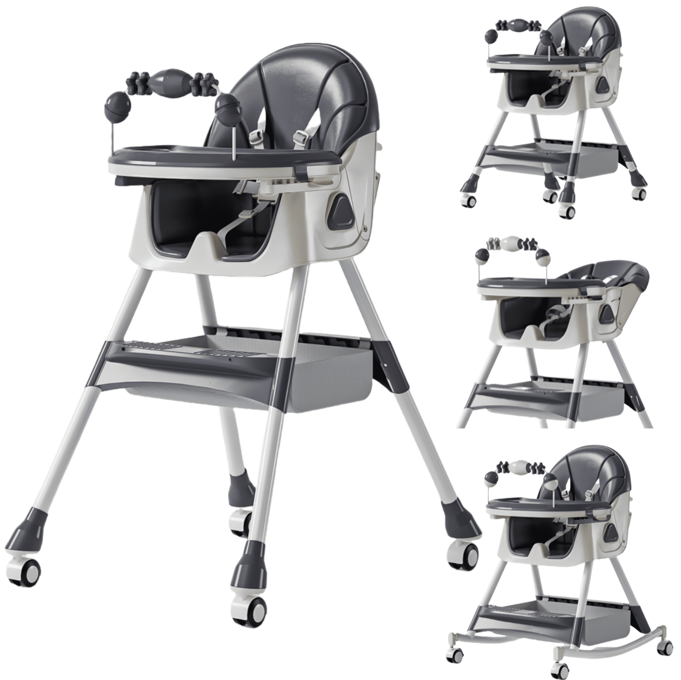5-in-1 Convertible High ChairBaby swing & Baby Feeding Chairs & Baby scooter with Portable Dining Chairs and Toy Rack for 0-36 Months,Grey