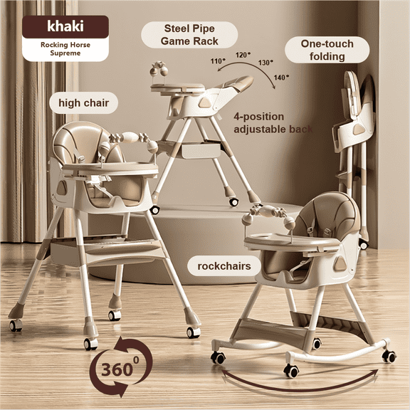 5-in-1 Convertible High ChairBaby swing & Baby Feeding Chairs & Baby scooter with Portable Dining Chairs and Toy Rack for 0-36 Months,KHAKI